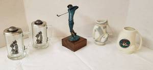 lot 6270 image: Lot of Golf Decor #3  Brass Golfer, 2 Golfer Mugs, Casade Porcelain Golf Bag Vase and LBGA (Laid Back Golfing Assn.) Golf Bag Vase