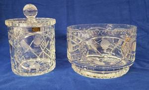lot 6272 image: Rovelli 24% Full Lead Crystal  Made in Poland  Etched Golf Decor on Large Bowl & Candy DishTobacco Dish