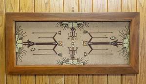 lot 6273 image: Large Navajo Sand Art Framed on Coffee Table Top (Legs could added to make it a table)  45 in. x 21 in.