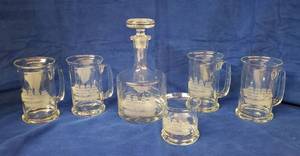 lot 6278 image: Lot of Etched Clear Glass Bar Ware  Cutter Ship Design  Decanter, 4 Large Mugs and Hi-ball Glass