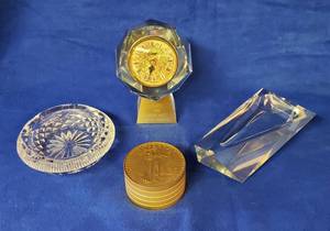 lot 6298 image: Lot of Crystal and Brass Clock  3 Crystal pieces Award Clock Ashtray and Pipe Holder  Clock Brass Liberty - Bulova Wind Up