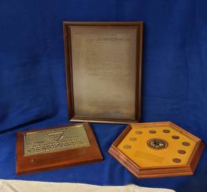 lot 6308 image: Antique Insurance Memorabilia  Framed Copy of 1850 policy and Award Plaques