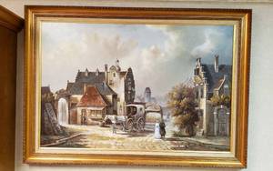 lot 6313 image: Large Framed Oil Painting by R. Bernard  Village Scene  36 in. x 24 in.  Framed 41 in. x 29 in.