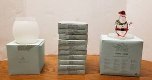 lot 6321 image: 2 Tea Lite Decor Candle Holders (Santa & Frosted Globe) and 10 Boxes of PartyLite Tea Lite Candles  NIB