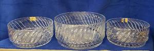 lot 6330 image: Set of 3 Spiral Collection Handmade, Handcut, Full Lead Crystal Bowls  Made in Romania exclusively for Avitra Corp.  9, 10 and 12 in. diameters