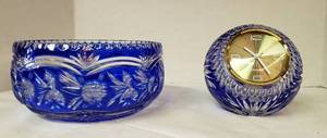 lot 6332 image: Collection of 2 Blue cut to Clear 24% Lead Crystal Bowl and Clock Holder  Made in Poland