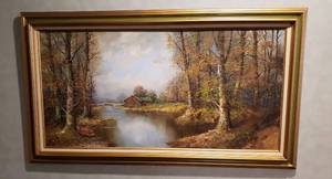 lot 6334 image: Large Framed Oil Painting by Brauer  Ol Barn Landscape Scenery  48 in. x 24 in.  Framed 55 in. x 31 in.