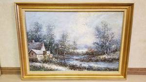 lot 6335 image: Large Framed Oil Painting by H. Farsburg  Farmhouse & Pond Landscape Scenery  36 in. x 24 in.  Framed 42 in. x 30 in.