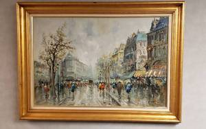 lot 6337 image: Large Framed Oil Painting by L. Mannet  City Street Scenery  36 in. x 24 in.  Framed 44 in. x 32 in.