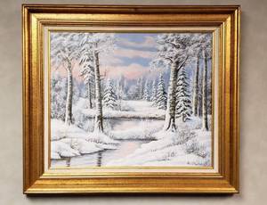 lot 6338 image: Framed Oil Painting Malota Bela Winter Landscape Scenery  24 in. x 20 in.  Framed 32 in. x 28 in.