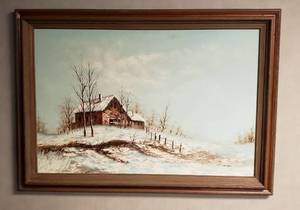 lot 6340 image: Large Framed Oil Painting by M. Cater  Winter at the Barn Scenery  36 in. x 24 in.  Framed 42 in. x 30 in.