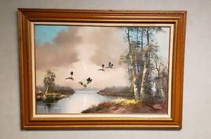 lot 6341 image: Large Framed Oil Painting by E. Wobek  Flying Mallad Ducks  36 in. x 24 in.  Framed 44 in. x 32 in.