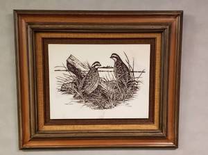 lot 6344 image: Framed David Frederick Gray Marble Etching Entitled QUAILS  Etching 16 in. x 12 in. Frame 26 in. x 22 in.