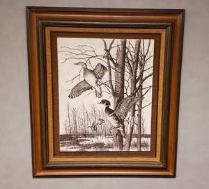 lot 6345 image: Framed David Frederick Gray Marble Etching Entitled FLIGHT OF THE WOOD DUCKS  Etching 17 12 in. x 22 in. Frame 28in. x 32 in.