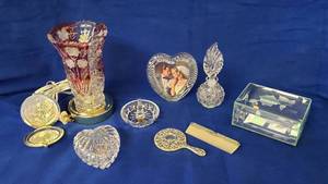 lot 6346 image: Collection of Ladies Crystal, Glass and Metal Dresser Top Items