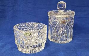 lot 6349 image: Collection of Violetta Handcut 24% Lead Cristal  Made in Poland  Vase (5 12 diameter) & CandyTobacco Jar (8 12 in. tall wlid)