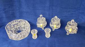 lot 6352 image: Collection of Imperlux Crystal  3 Footed Condiment Jar wlid & spoon, 2 Toothpick Holders and Large Octogan shaped Bowl