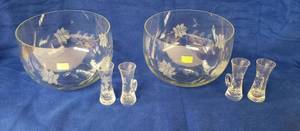 lot 6354 image: Collection of Vintage GDR Etched Flowers Crystal Lausitzer Glass Bowls and 4 Matching Glasses  Mouth Blown Germany
