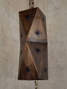 lot 6361 image: Copper Swag Light with Blue Stained Glass Cutouts 16 in. x 7 12 in.