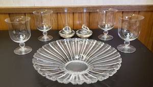 lot 6365 image: Collection of Crystal Decor Items  Pair of ACC Wick Oil Candles, 4 Studio Nova Pedestal Candle Holders and Home Beautiful Wide Platter Vase