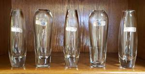 lot 6366 image: Collection of 5 Crystalery Flower Vases  Mouthblown & Handcut  Made in Turkey  7 in. tall x 2 in. diameter