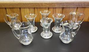 lot 6368 image: Collection of 4 Crystalery Flower Vases (1 chipped on lip)and 4 Crystalery Pitchers  Mouthblown & Handcut  Made in Turkey