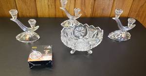 lot 6371 image: Collection of Anna Hutte 24% PbO Crystal Handcut Floral CandyPeanut Footed Oval Dish (7 14 x 5 x 4 14 in. tall), 3 Candleholders (6 in. tall) and Box of 4 Coasters  Made in Germany