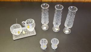 lot 6374 image: Collection of Imperlux Handcut 24% Lead Crystal  Sugar & Creamer Set, 3 Flower Vases (9 14 in. tall) and 2 Toothpick Holders (3 in. tall)