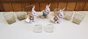 lot 6379 image: Collection of Spring Decor  3 Raul Bunnies, 2 Clear Glass Baskets and 6 Metal Wire Baskets