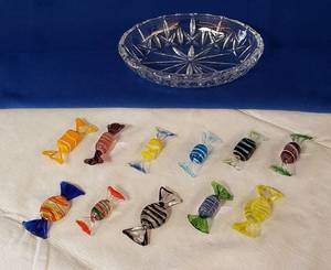 lot 6380 image: Collection of 11 Murano Italian Art Glass Multi-Colored Candies and 7 in. Oval Crystal Shallow Dish