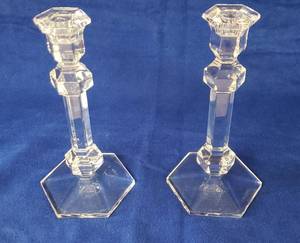 lot 6382 image: Pair of Val St. Lambert Gardenia Clear Crystal Candlesticks  9 38 in. tall  one has chip on underbase