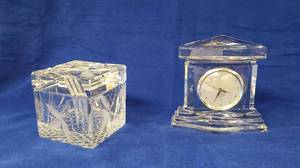 lot 6388 image: Crystal Floral 4 in. Cube Shaped Box and Crystal Clock Holders  6 in. x 6 14 in. tall (clock is Battery operated)