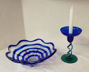 lot 6398 image: Collection of Crystal Items  Wavy Scallop Bowl (11 14 in. wide Made in USSR) and Blue&Green Twisted Pedestal Candlestick (8 in. tall Made in Czech Republic)