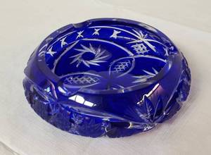 lot 6400 image: Cobalt Blue  Cut to Clear Czech Bohemian Glass Ashtray 6 in. Diameter x 1.75 in. Tall