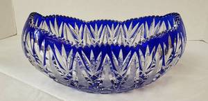 lot 6401 image: Cobalt Blue Cut to Clear Czech Bohemian Glass Large Oval Cradle Type Bowl  12 in. x 6 12 in. x 5 12 in. tall