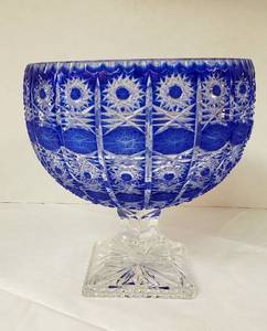lot 6402 image: Cobalt Blue Cut to Clear Czech Bohemian Glass Large Round Bowl on Pedestal  9 12 in. x 9 12 in. tall
