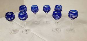 lot 6404 image: Cobalt Blue Cut to Clear Imperlux Bohemian Glass 8 Sherry Goblets  Made in Germany  4 34 in. tall