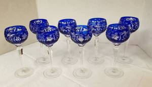 lot 6405 image: Set of Cobalt Blue Cut to Clear Imperlux Bohemian Glass 8 Wine Goblets  Made in Germany  8 14 in. tall