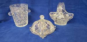 lot 6408 image: Heavy Cut Lead Crystal Ice Bucker, Cut Crystal Basket, Vintage Cut Crystal Lidded Butter Dish