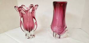 lot 6411 image: Set of 2 - Heavy Cranberry & Clear Blown Glass Pieces. Tulip Top Vase & Dry VaseLamp Base
