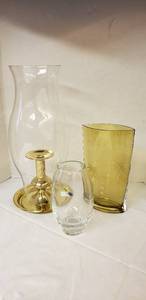 lot 6414 image: Huge Brass Hurricane Candle Holder, Amber Cut Glass Vase, Blown Crystalery Bulb Vase