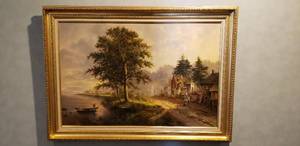 lot 6438 image: Original Oil Painting of European Village by Eleonore Guinther, 24x36 in Custom Gold Frame - Frame size 42x30