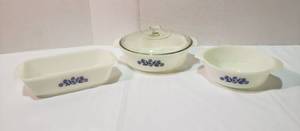 lot 1001 image: 3 Pieces of Blue Flower Oven Proof Baking Dishes Casserole w Lid #438, Loaf Pan #441 and Serving Bowl #436