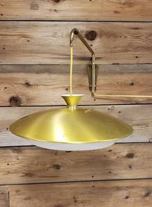 lot 1009 image: Mid-Century Modern Swing Arm Swag  16 in. diameter lamp shade  works  slight crease on top of lamp shade