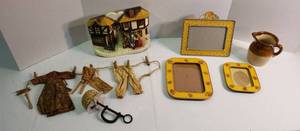 lot 1059 image: Various Home Decor Items  R.R P. CO. Roseville USA Glaze Drip Pitcher, 3 Metal Frames, Wash Day Decor & Clamp on Pin cushion and Old World Chalk Wall Decor