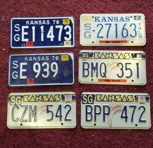 lot 1089 image: 6 Kansas License Plates  1976, 1980s and 1990s