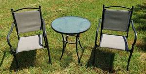 lot 1093 image: Patio Set  2 Metal  Fabric Chairs (15 in. seat) and Round Glass top Table (24 in. diameter)