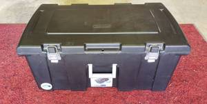 lot 1121 image: Sterilite Black Plastic Rolling Foot Locker  31 x 17.5 x 14 in.