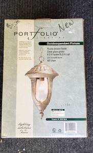 lot 1131 image: Portfolio Outdoor Pendant Fixture  Rustic Brown Finish  NIB