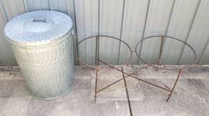 lot 1136 image: Metal Twin Waste Can Holder (42 x 21 x 17 in.) and Galvanized Trash Can wLid